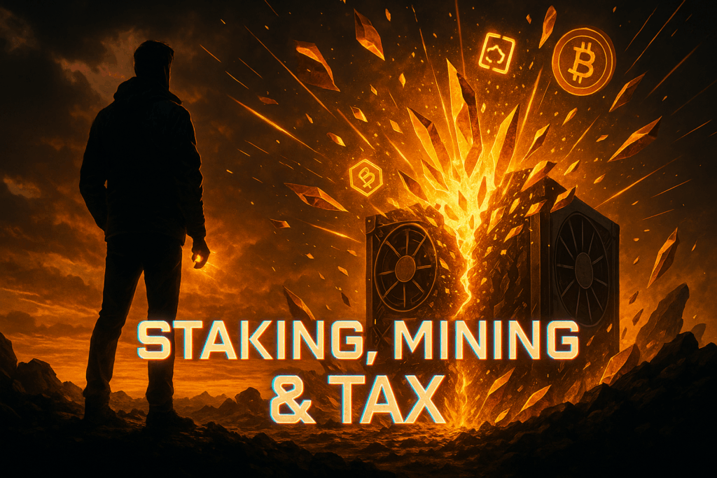 A dramatic cinematic scene showing a cracked stone statue of Lady Justice standing on a coastal cliff in Portugal. A glowing outline of the country hovers in the sky above a bold 28% tax symbol, while a lone silhouetted investor faces the horizon. The phrase “Portugal Crypto Tax 2025” appears in large bold text at the bottom. Cryptocurrency symbols swirl around the scene in a stormy, golden-lit atmosphere.