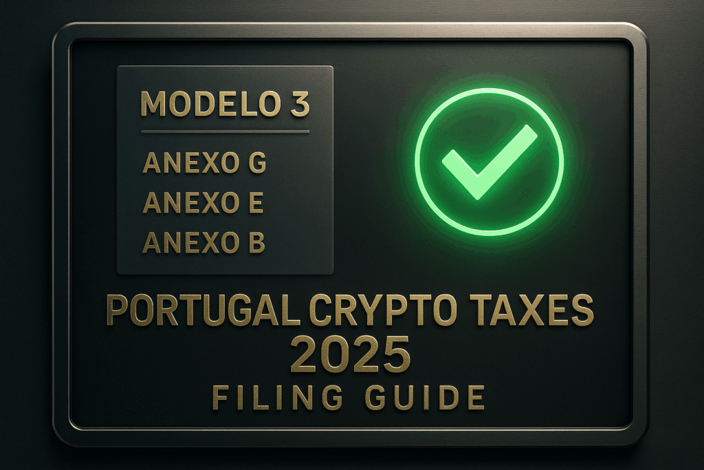 A sleek close-up of a futuristic dark interface showing Portuguese crypto tax form Modelo 3 with annexes G, E, and B listed in metallic gold. A glowing green checkmark icon sits prominently on the right side, with the title “Portugal Crypto Taxes 2025 – Filing Guide” below, all within a polished digital frame.