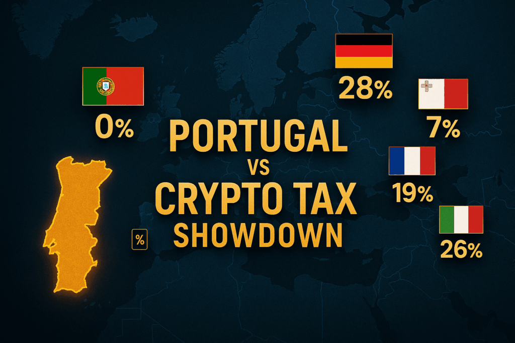 A 2D digital infographic in 16:9 format comparing cryptocurrency tax rates across European countries. Split-screen layout with stylized map of Europe showing Portugal, Germany, Malta, Italy, and others, each marked with national flags and tax percentage icons. The center reads “Portugal vs EU Crypto Tax Showdown” in clean, high-contrast lettering.