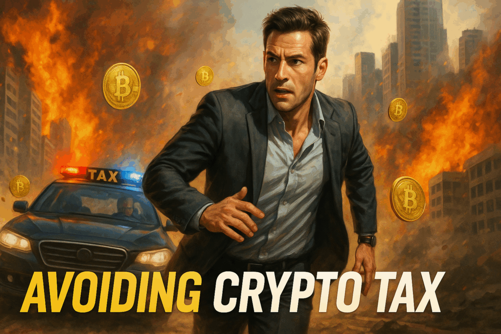 A cinematic 16:9 action scene showing a man in a business suit running from a tax authority car labeled “TAX,” as golden Bitcoin coins float around him and a city burns in the background — symbolizing the urgent escape from oppressive crypto tax systems.