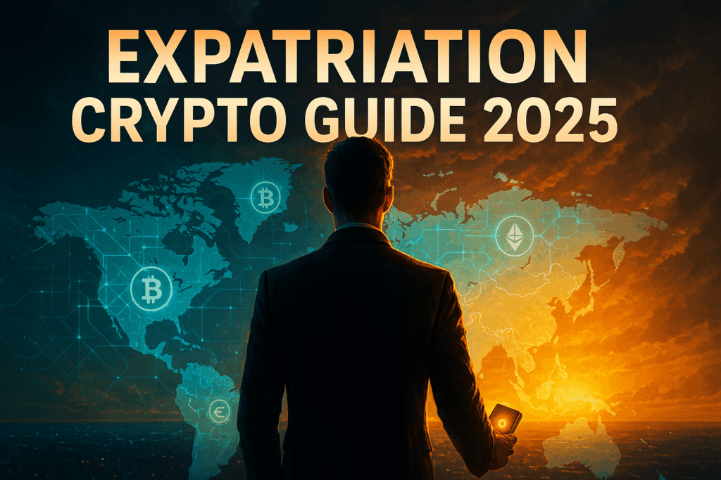 A digital illustration of a crypto investor facing a glowing world map with blockchain symbols and a golden sunrise, representing expatriation crypto in 2025