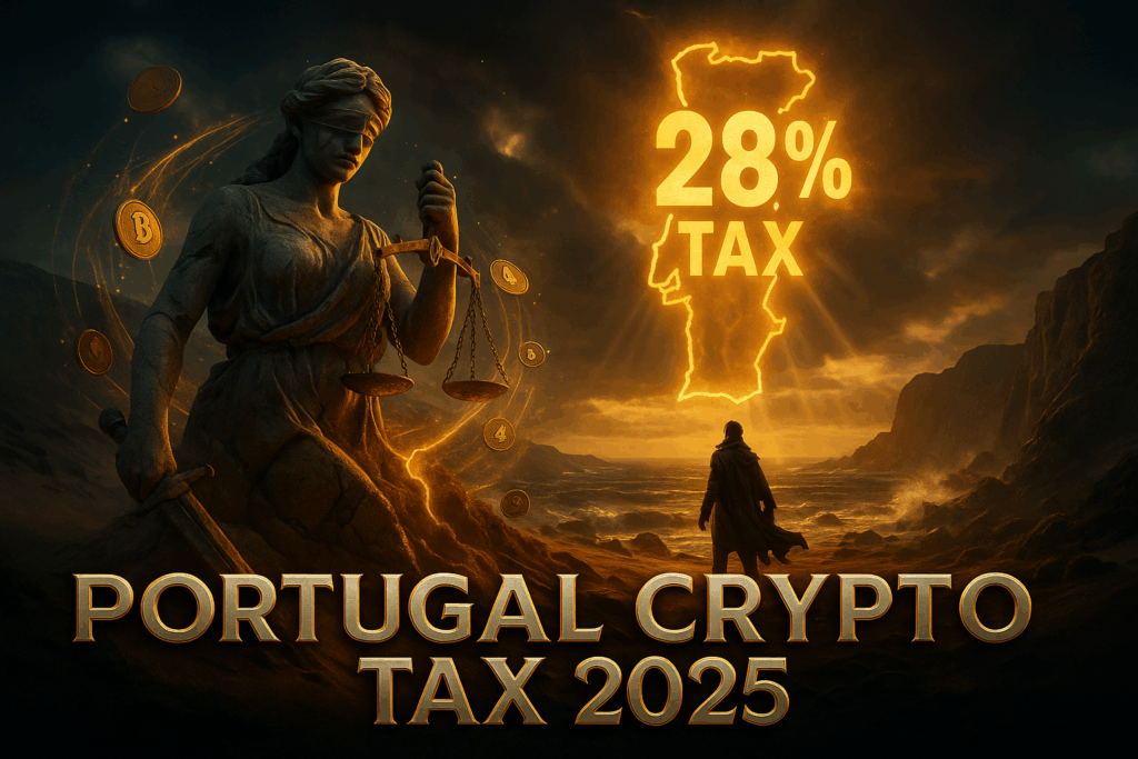 Dramatic digital artwork of a cracked Lady Justice statue overlooking Portugal’s coastline at sunset, with a glowing “28% TAX” symbol in the sky and a lone investor figure facing the horizon. Cryptocurrency symbols float around, and “Portugal Crypto Tax 2025” is displayed in bold, cinematic text.