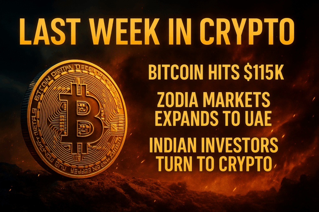 Epic thumbnail showing a golden Bitcoin coin beside dramatic news headlines: Bitcoin hits $115K, Zodia expands to UAE, Indian investors embrace crypto.