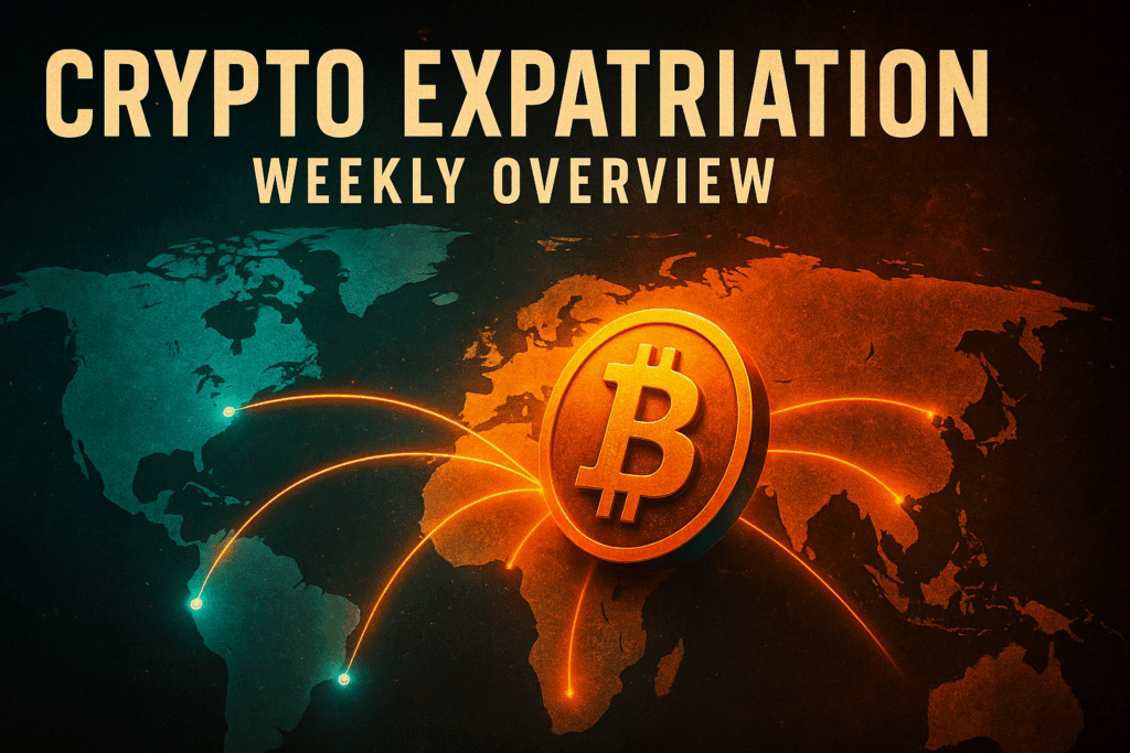 Dramatic 16:9 image of a world map under orange and teal lighting, with a glowing 3D Bitcoin emerging and light trails linking regions—visualizing global crypto migration and policy changes for early August 2025.